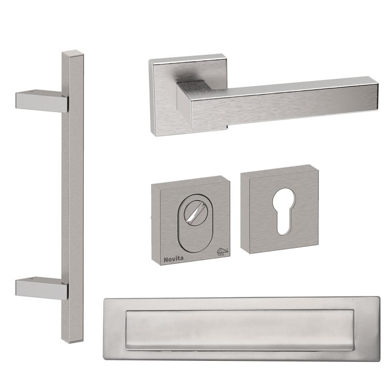 Hardbrass - Toronto schuin voordeurset getrommeld inox