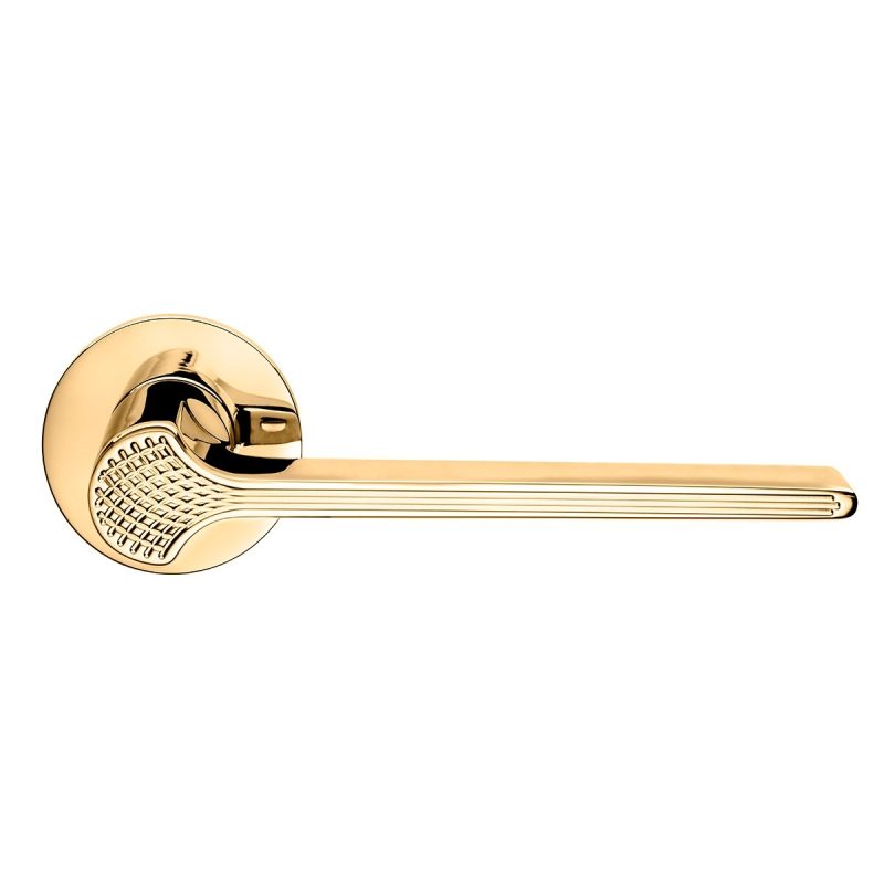Hardbrass - Deurkruk Ginkgo Biloba op rond FINE rozet PVD Bright Gold